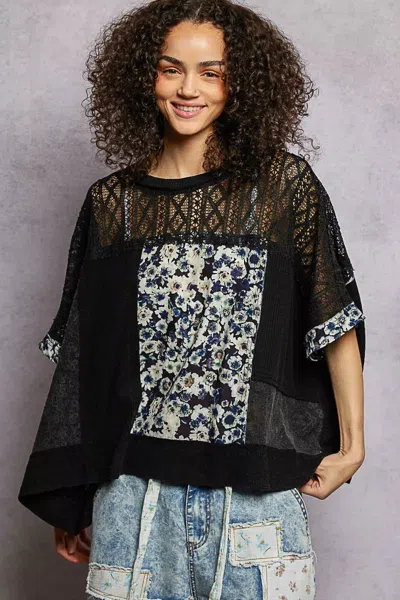 Truedames Floral Patchwork Lace Accent Blouse In Black