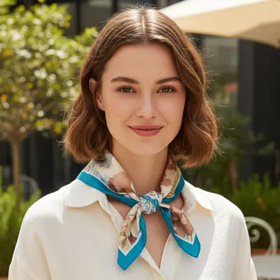 Truedames Floral Patchwork Printed Square Silky Satin Bandana Scarf In Blue