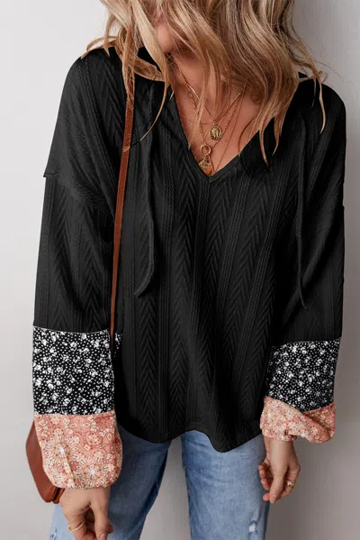 Truedames Floral Patchwork Textu Knit Drawstring V Neck Blouse In Black