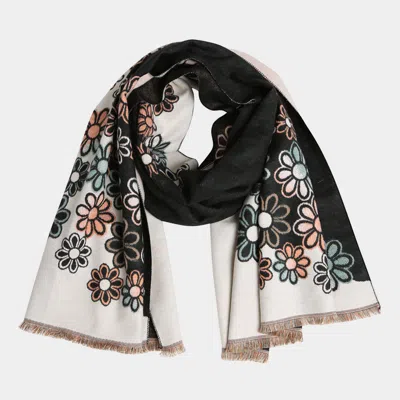 Truedames Floral Pattern Fringe Oblong Scarf In Black