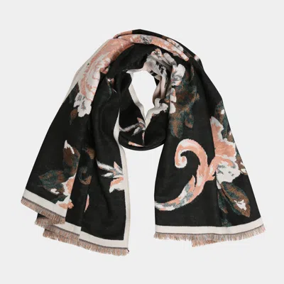 Truedames Floral Pattern Fringe Oblong Scarf In Black