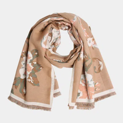 Truedames Floral Pattern Fringe Oblong Scarf In Gold