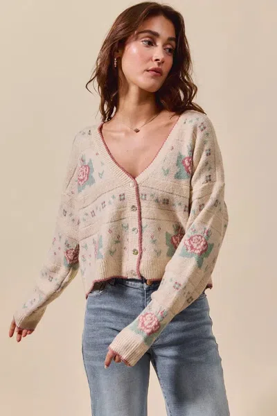 Truedames Floral Pattern Long Sleeve Button Sweater Cardigan In Neutral