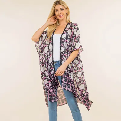 Truedames Floral Pattern Open Front Long Kimono Poncho In Black