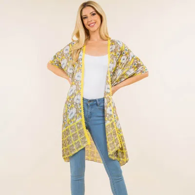 Truedames Floral Pattern Open Front Long Kimono Poncho In Yellow