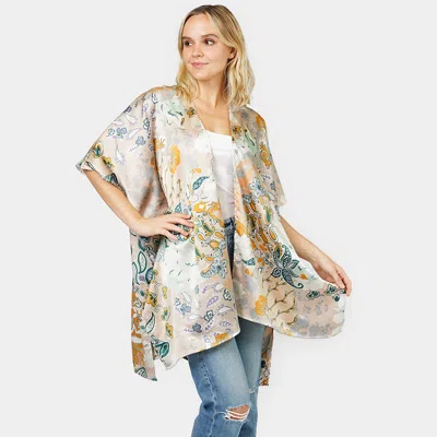 Truedames Floral Patterned Satin Cover Up Kimono Poncho In White