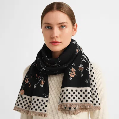 Truedames Floral Polka Dot Bordered Fringe Oblong Scarf In Black