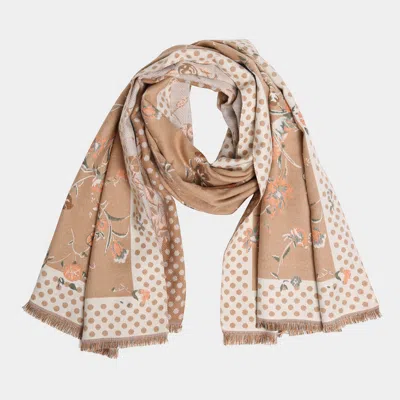 Truedames Floral Polka Dot Bordered Fringe Oblong Scarf In Brown