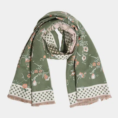 Truedames Floral Polka Dot Bordered Fringe Oblong Scarf In Green