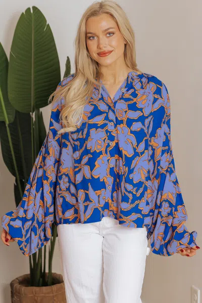 Truedames Floral Print Batwing Sleeve Buttoned Loose Fit Shirt In Blue