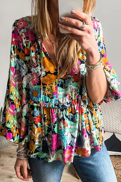 Truedames Floral Print Bubble Sleeve V Neck Ruffled Blouse In Multi