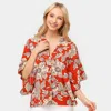 Truedames Floral Print Button Down Kimono Poncho In Red