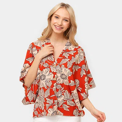 Truedames Floral Print Button Down Kimono Poncho In Red