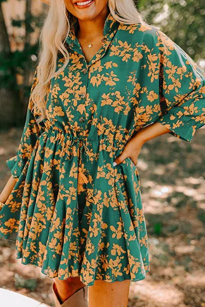 Truedames Floral Print Drawstring Tunic Flowy Short Dress In Green