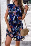Truedames Floral Print Elegant Sleeveless Ruffle A Line Dress In Blue