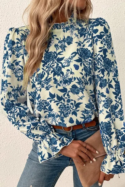 Truedames Floral Print Flounce Sleeve Keyhole Back Blouse In Blue