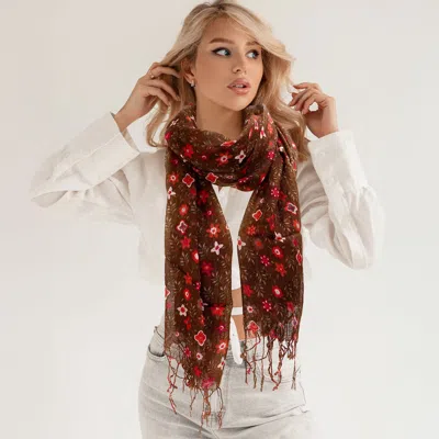 Truedames Floral Print Fringe Oblong Scarf In Brown