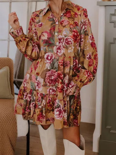 Truedames Floral Print Half Button Flounce Sleeve Ruffle Mini Dress In Brown