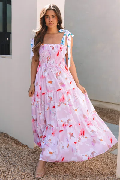 Truedames Floral Print Knotted Shoulder Smocked Maxi Dress In Pink