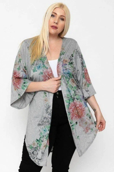 Truedames Floral Print, Long Body Cardigan In Gray