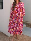 Truedames Floral Print Long Sleeve Midi Dress With Pockets In Pink