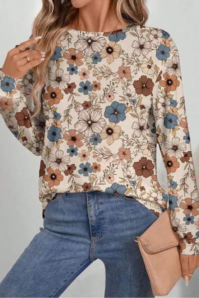 Truedames Floral Print Loose Crew Neck Long Sleeve T Shirt In Nude