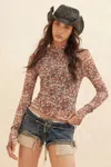 Truedames Floral-print Mesh Cropped Mock-neckthumbhole Top In Brown