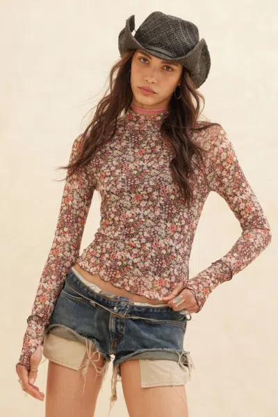Truedames Floral-print Mesh Cropped Mock-neckthumbhole Top In Brown