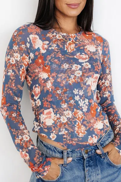 Truedames Floral Print Mesh Fitted Long Sleeve Top In Purple