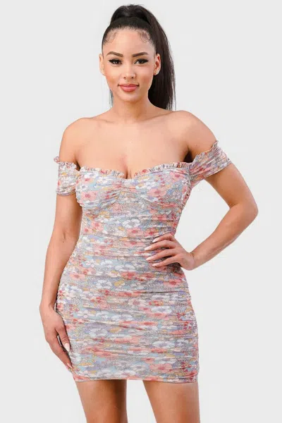 Truedames Floral Print Mesh Sweetheart Ruffled Off Shoulder Ruched Mini Dress In Multi
