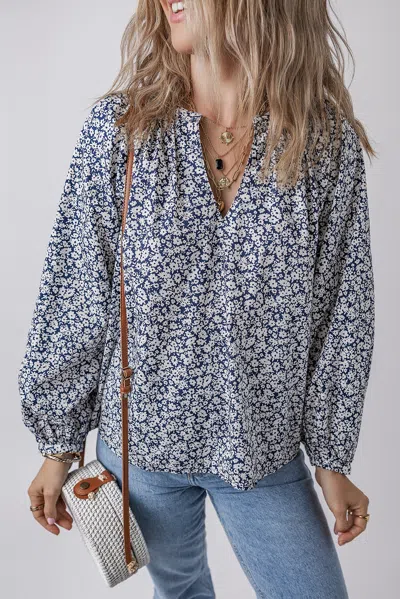 Truedames Floral Print Notched V Neck Puff Sleeve Blouse In Blue