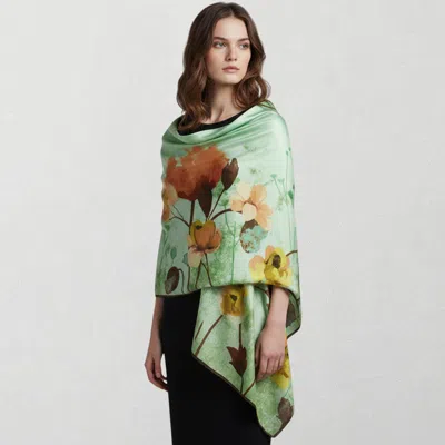 Truedames Floral Print Oblong Silky Satin Scarf Shawl In Green