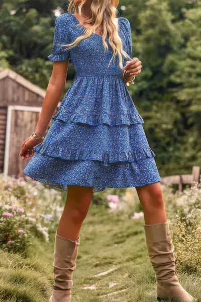 Truedames Floral Print Off Shoulder Flounce Sleeve Ruffle Hem Dress In Blue