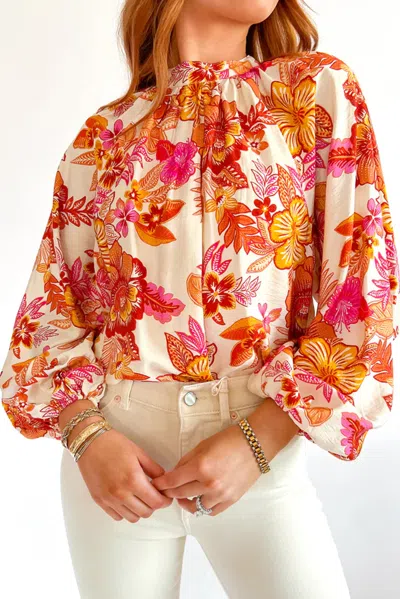 Truedames Floral Print Pearl Button Keyhole Long Puff Sleeve Blouse In Orange