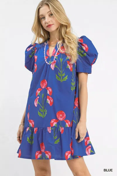 Truedames Floral Print Puff Sleeve Mini Dress With Scallop Trim In Blue