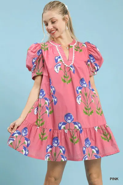 Truedames Floral Print Puff Sleeve Mini Dress With Scallop Trim In Pink