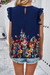 Truedames Floral Print Round Neck Ruched Loose Fit Top In Blue