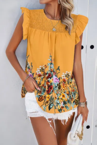 Truedames Floral Print Round Neck Ruched Loose Fit Top In Yellow