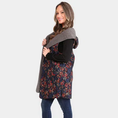 Truedames Floral Print Sherpa Lined Hooded Pocket Vest In Grey