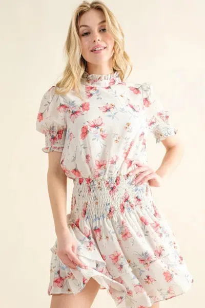 Truedames Floral Print Smocked Waist Mini Dress In White