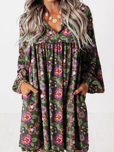 Truedames Floral Print Split Neck Bubble Sleeve Shift Mini Dress In Green