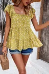 Truedames Floral Print Square Neck Ruffle Sleeve Tiered Blouse In Yellow