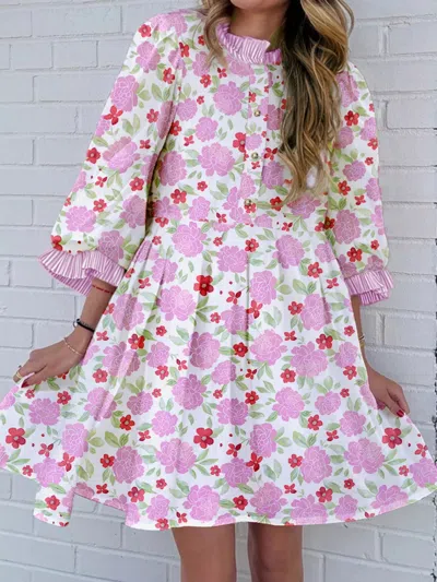 Truedames Floral Print Striped Trim Frilled Neck 3/4 Sleeve Flared Mini Dress In Multi