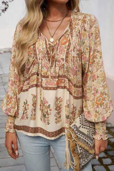 Truedames Floral Print Tie Neck Lantern Sleeve Blouse In Yellow