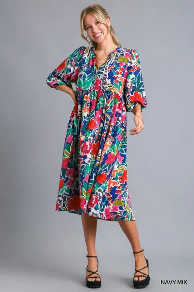 Truedames Floral Print Tie Neck Midi Dress With Pockets In Blue