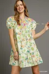 Truedames Floral Print Tie Neck Puff Sleeve Dress In Green