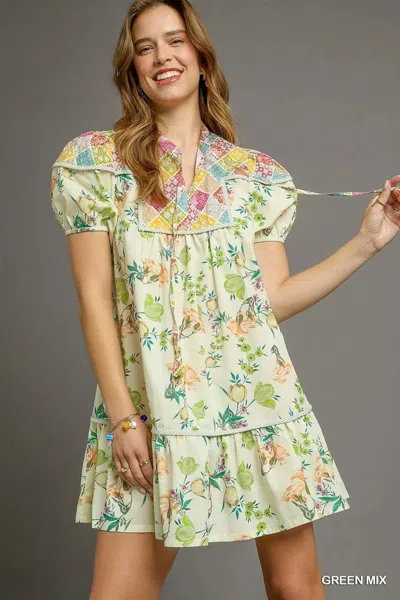 Truedames Floral Print Tie Neck Puff Sleeve Dress In Green