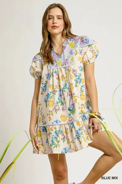 Truedames Floral Print Tie Neck Puff Sleeve Dress In Multi