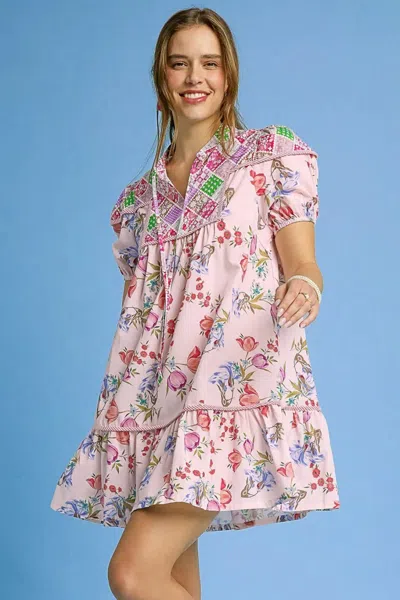 Truedames Floral Print Tie Neck Puff Sleeve Dress In Pink