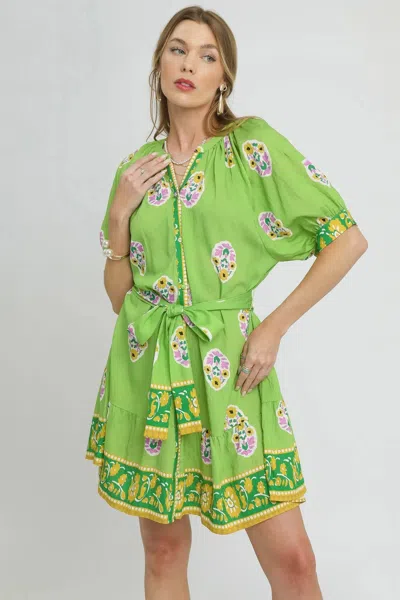 Truedames Floral Print Tie Waist Short Sleeve Dress In Green